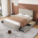 Lit double capitonné 160x200 cm, avec 4 tiroirs, tête de lit réglable en hauteur, boutons en forme de losange, lit adulte en lin - Beige