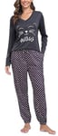 Lovasy Pyjama Long Femme Chaud Ensemble Pyjama Hiver Col en V à Manches Longues avec Chat Vêtements de Nuit Doux Confortable 2 Pièces Sleepwear D Gris L