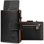 DODENSHA Porte Carte Credit Homme, Portefeuille RFID, Cuir, Porte Carte Bancaire avec 1 Compartiment pour espèces, 1 étui en métal Pop up pour 8 à 10 Cartes (NoirOrange)