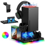 FYOUNG Upgraded Cooling Fan Stand & Dual Charging Dock for Xbox Series X Console & Controller, XSX Accessories with 15 RGB Lights, Cooler & Charger System with Headset Hanger & 8 Game disc slot