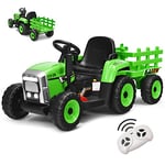 GOPLUS Tracteur Electrique Enfants avec Remorque 12V, Phare à LED et Musique, Voiture Electrique Enfants avec Télécommande Parental pour Enfants 3 Ans+, Charge Max 30KG(Vert)