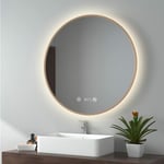 Emke - Miroir lumineux salle de bain rond diamètre 80cm Cadre Doré, Miroir led avec Interrupteur Tactile, Anti-buée, Horloge et Temperature, Lumière