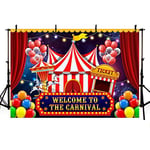 MEHOFOND 7x5ft Welcome to The Carnival Night Backdrops for Photography Red Curtain Balloons Carousel and Tent Ticket Background Birthday Baby Shower Kids Party Banner Cake Smash Decor Photo Studio