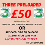 THREE  Sim Card Pay As You Go Trio Combi 3 Network 2024 LOADED WITH £50 CREDIT