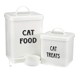 Pethiy cat Food and Treats Containers Set with Scoop for cats-Vintage White Powder-Coated Carbon Steel - Tight Fitting Lids - Storage Canister Tins Small-White