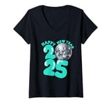 Womens New Year 2025 Disco Ball Party NYE New Year Eve Retro Aqua V-Neck T-Shirt