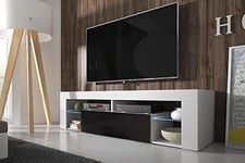 Hestia - Meuble TV (140 cm, Blanc Mat/Fronts Noir Brillant avec l’éclairage LED)
