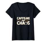 Womens Caffeine and Chaos Funny Coffee Lover and Sarcasm Design V-Neck T-Shirt