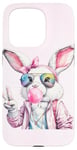 Coque pour iPhone 15 Pro Lunettes de soleil aviateur lapin de Pâques mignon Bubblegum Peace Sign