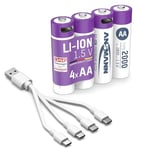 ANSMANN 4 x Mignon AA Batteries Li-Ion with USB Type-C Connection, Rechargeable via USB-C/High Power of 1.5 Volt & 2000 mAh/Suitable for Remote Control, Controllers, Lamps, Toys, Radios