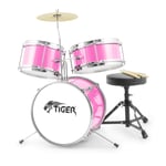 Tiger Junior Kids Drum Kit, 3 Piece Beginners Drum Set with Stool - Pink