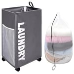 75L Large Laundry Basket with Wheels, Collapsible Washing Basket Grey Laundry Bin with Removable Mesh Bag Waterproof Laundry Hamper for Storage Clothes Toys in Bedroom Bathroom