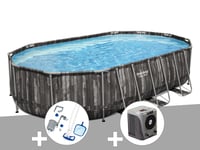 Kit piscine tubulaire ovale Bestway Power Steel décor bois 6,10 x 3,66 x 1,22 m + Kit d'entretien Deluxe + Pompe à chaleur