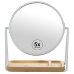 DRW Miroir Rond avec Base 5 grossissements en métal et Bois en Blanc et Naturel 18cm