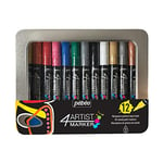 Pébéo Boite Metal 4artist Marker 12 marqueurs 4mm, Plastique, Blanc/Noir/Jaune/Orange/Rouge/Rose/Bleu foncé/Vert foncé/Gris/Or/Argent/Cuivre, 12x4mm, Set Pièces