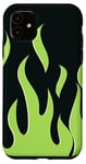 Coque pour iPhone 11 Motif flammes vert citron, fond noir