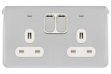 Schneider Electric Lisse Screwless Deco GGBL3021DWPC Prise de courant double pôle avec indicateur néon 13 A Chrome poli avec insert blanc