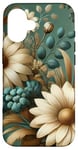 Coque pour iPhone 16 Chrysanthèmes dramatiques sur toile bleu sarcelle