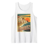 Mens Biarritz Retro Travel Poster Sunset Beach Tank Top