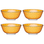 KitchenCraft Set of 4 Glazed Stoneware Bowls with Spotty/Textile Pattern, Bright Orange Ceramic Bowls with Footed Base, Microwave & Dishwasher Safe, 15.7 cm (6"), POKCBOWL07