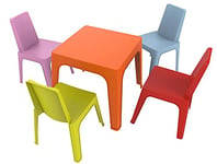 RESOL Set Julieta: Table et 4 chaises pour Enfants. Meubles pour Enfants pour extérieur ou intérieur. pour Jardin, Patio, Balcon ou terrasse - 1 Table Orange + 4 chaises Rouge/Rose/Bleu/Citron