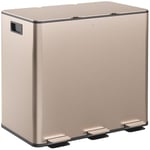 HOMCOM 45L Kitchen Bin, Stainless Steel Pedal Bin with 3 Compartments, Soft Close Lid, Removable Inner Buckets, Fingerprint-Proof for Recycling and Waste, 3 x 15L, Gold Tone