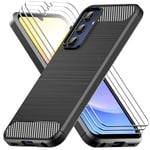 YNMEacc Coque pour Samsung Galaxy A15 4G/5G avec 3 Pièces Verre Trempé Protection écran, Fibre de Carbone Souple Silicone TPU Antichoc Bumper Housse Étui pour Samsung Galaxy A15 - Noir