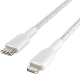 Belkin Braided USB-C to Lightning Cable (iPhone Fast Charging Cable for iPhone 14, 13, 12 or earlier) Boost Charge MFi-Certified iPhone USB-C Cable, White, 1 m