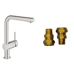 GROHE Minta & UK Adaptors – Kitchen Sink Pull Out Dual Spray Mixer Tap (High L-Spout, 360° Swivel Spout, 46mm Ceramic Cartridge, Easy to Install, Tails 3/8 Inch), Size 328mm, Stainless Steel, 30274DC0