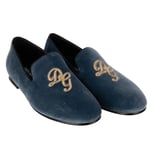 DOLCE & GABBANA Velvet Loafer Shoes AMALFI Logo Embroidery Blue Gold 11049