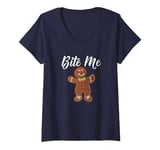 Womens Gingerbread Man Christmas T-shirt Bite Me Humorous Holiday V-Neck T-Shirt