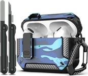 Coque pour AirPods Pro avec kit de Nettoyage, Coque Rigide Militaire avec verrou pour boîtier de Chargement AirPod Pro, LED Avant Visible,Camouflage Bleu