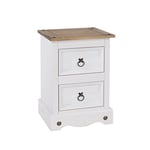 Home Source Corona Distressed Waxed Pine 2 Drawer Petite Bedside Nightstand, Living Room Lamp Table, White