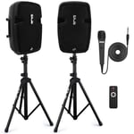 Pyle Pa Speaker System Active, Pa Speaker Set with Stands, 2 Bluetooth Dj Speakers, Wireless Portable Pa Systems, Loudspeaker Pair w/Mic, For Events, Parties, Conferences, DJ, Karaoke and more