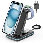 JoyGeek 3 in 1 Foldable Wireless Charging Station for i Phone 16/15/14/13/12/11/Pro Max/X/8, Phone Charger Stand for iWatch 10/Ultra2/9/8/7/6/5/4, Wireless Charger Docking Air Pods 4/3/Pro, Black