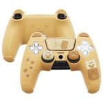 playvital Protection Manette pour ps5 Coque de Protection Housse Manette pour ps5 avec Capuchon Joystick Kawaii Protege Manette pour ps5 Station de Charge avec Sticker-Jaune & Brun(Ours Design)