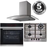 Touch Control Pyrolytic Single Fan Oven, 4 Burner Steel Gas Hob & Curved Hood