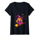 Womens Pixelated Little Purple Witch on a Broomstick for Kids V-Neck T-Shirt