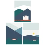 Pack of 3 Geometric Pastel Colour Scottish Mountain Countryside House and Castle Landscape Unframed Wall Art Living Room Prints Set