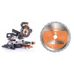 Evolution Power Tools - Scie à Onglets Coulissante Multi-Matériaux R210SMS-300+ avec le Pack Plus, 210 mm (230 V) & Power Tools - Lame Polyvalente en Carbure de Tungstène Rage, 210 mm Orange