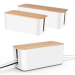 Cable Management Box Set of 2, Bamboo Cover, Cord Organizer for Desk TV Computer USB Hub System to Cover and Hide Power Strips & Cords, Large 40.5cm & Medium 32cm (White)