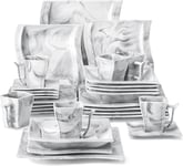 MALACASA Dinner Sets for 6 People, 30-Piece Porcelain Square Plate and Bowls Set