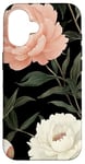 Coque pour iPhone 16 Rose de jardin rose poudré et blanc, motif botanique foncé