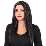 LADIES LONG BLACK WIG STRAIGHT MIDDLE PARTING HALLOWEEN FANCY DRESS MORTICIA