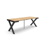 Table console extensible, 220, pour 10 personnes, 222x90x77cm, Pieds bois massif, couleur Chêne et noir