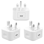 USB C Plug, 3 Pack [MFi Certified] 20W Fast Charger Plug for iPhone 16/15/14/13/12/11 Pro/Pro Max/XS Max/XS/XR/X/SE 2022/10/8, Galaxy, PD 3.0 Wall UK Type Power Adaptor