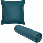 Today - 1 drap housse 90x190 Coton Bio organic + 1 taie carrée Bleu Paon