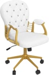 White Velour Desk Swivel Chair Diamante Tufted Padded Armrest Rolling Armchair