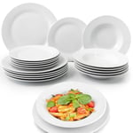 Shally Dogan Service de vaisselle de service 18 pièces en porcelaine de table pour 6 personnes, lot composé de 6 assiettes plates, 6 fonds, 6 gâteaux et fruits, design moderne lisse (blanc)