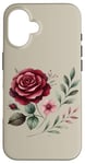 Coque pour iPhone 16 Rose bordeaux et feuillage floral rose poudré